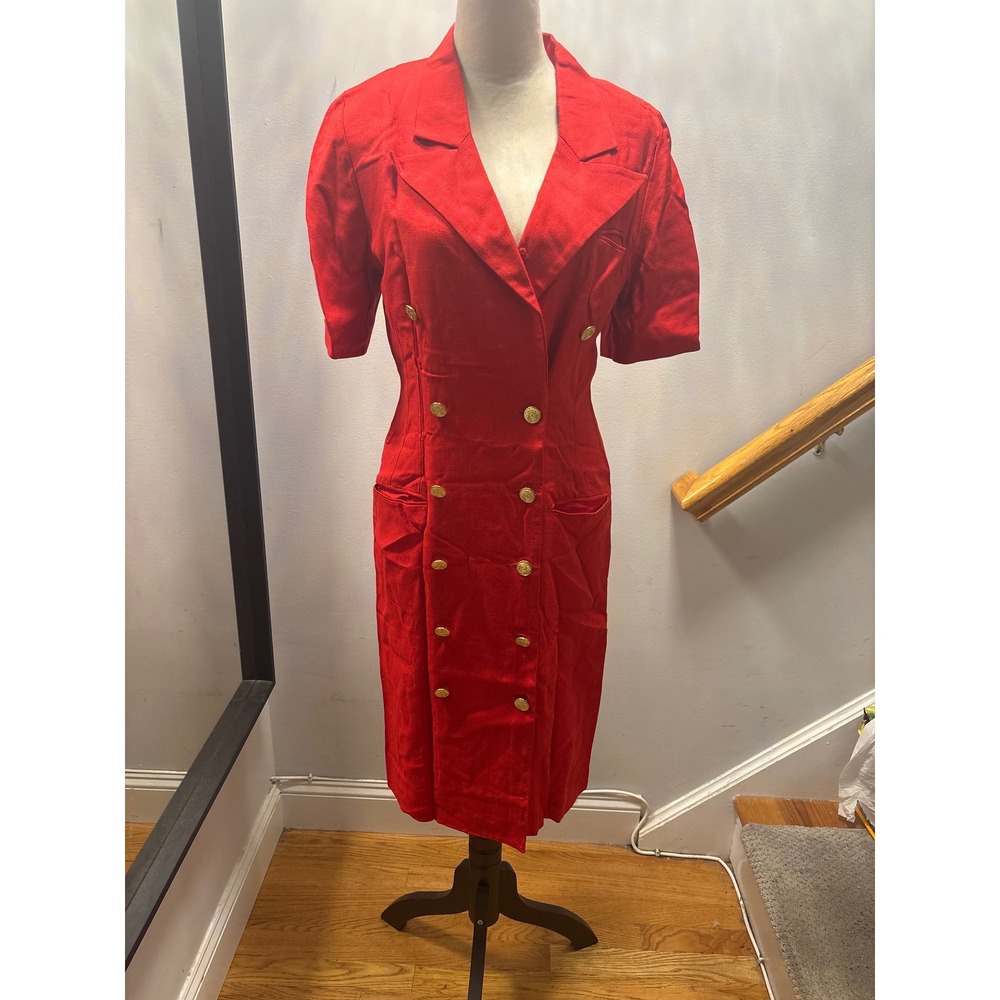 Vintage Red Double Breasted Blazer Dress Women Medium Red Gold Buttons 80s